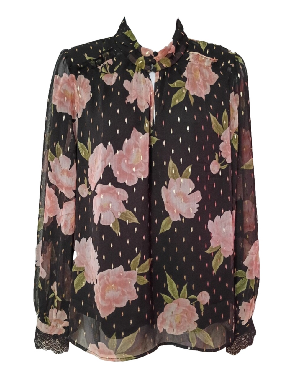 Joie Black Floral Blouse with Pink Flowers and Green Leaves